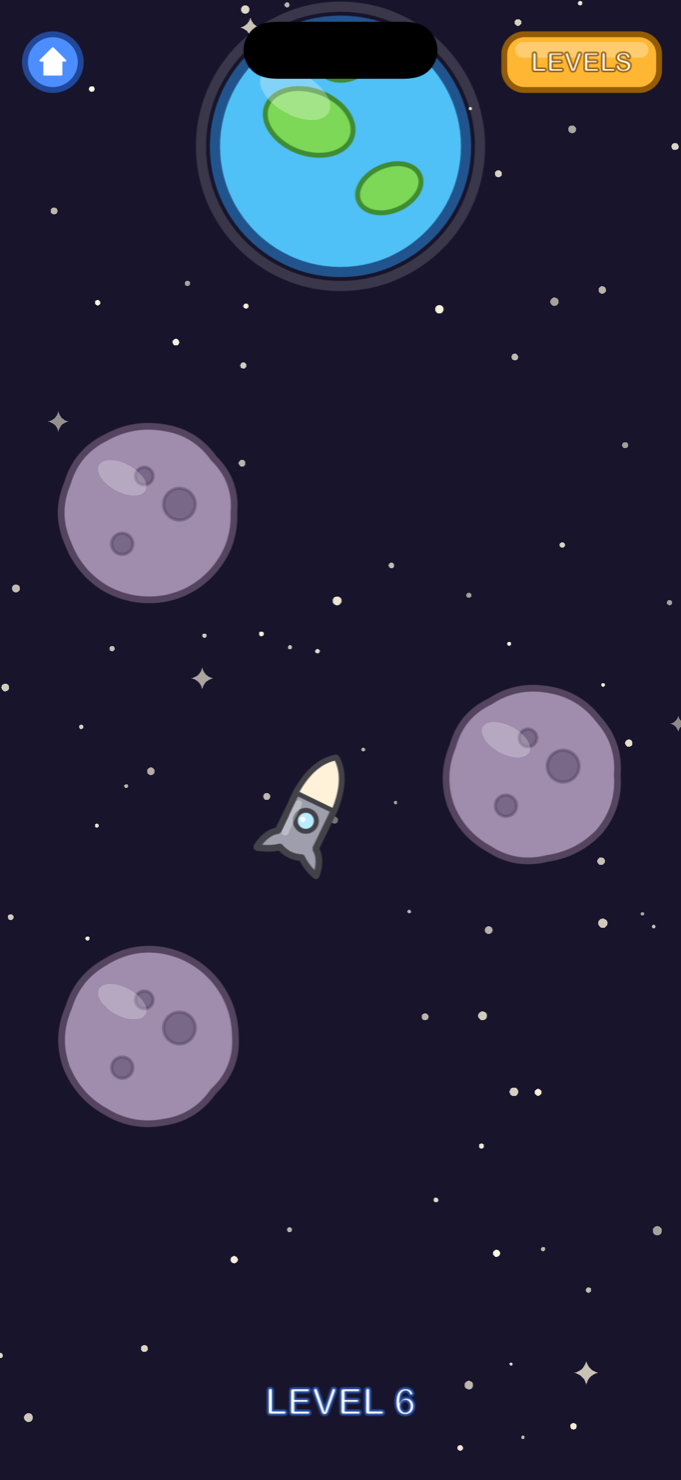 Gameplay: a spinning rocket dodging asteroids on its way to Earth