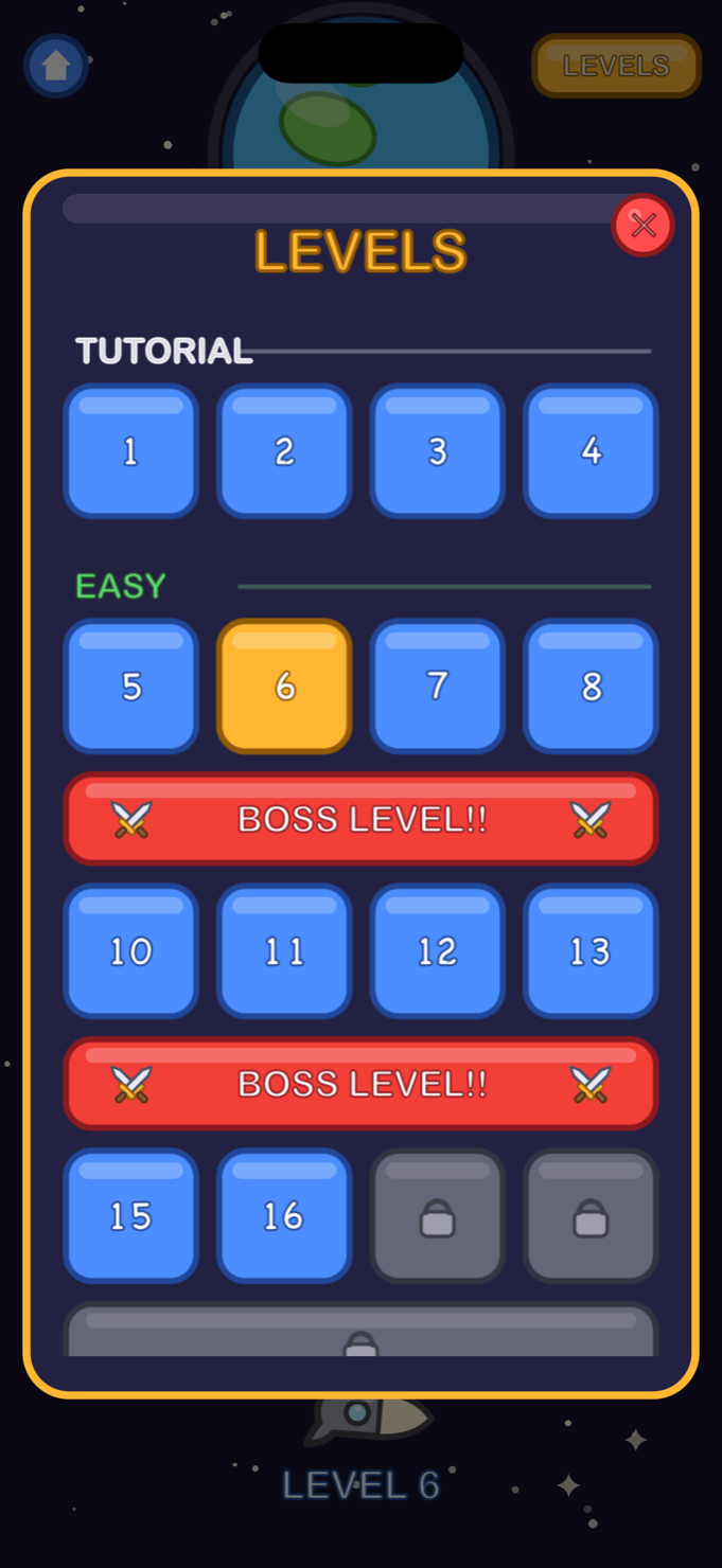 Level select screen with tutorial, easy levels, and boss levels