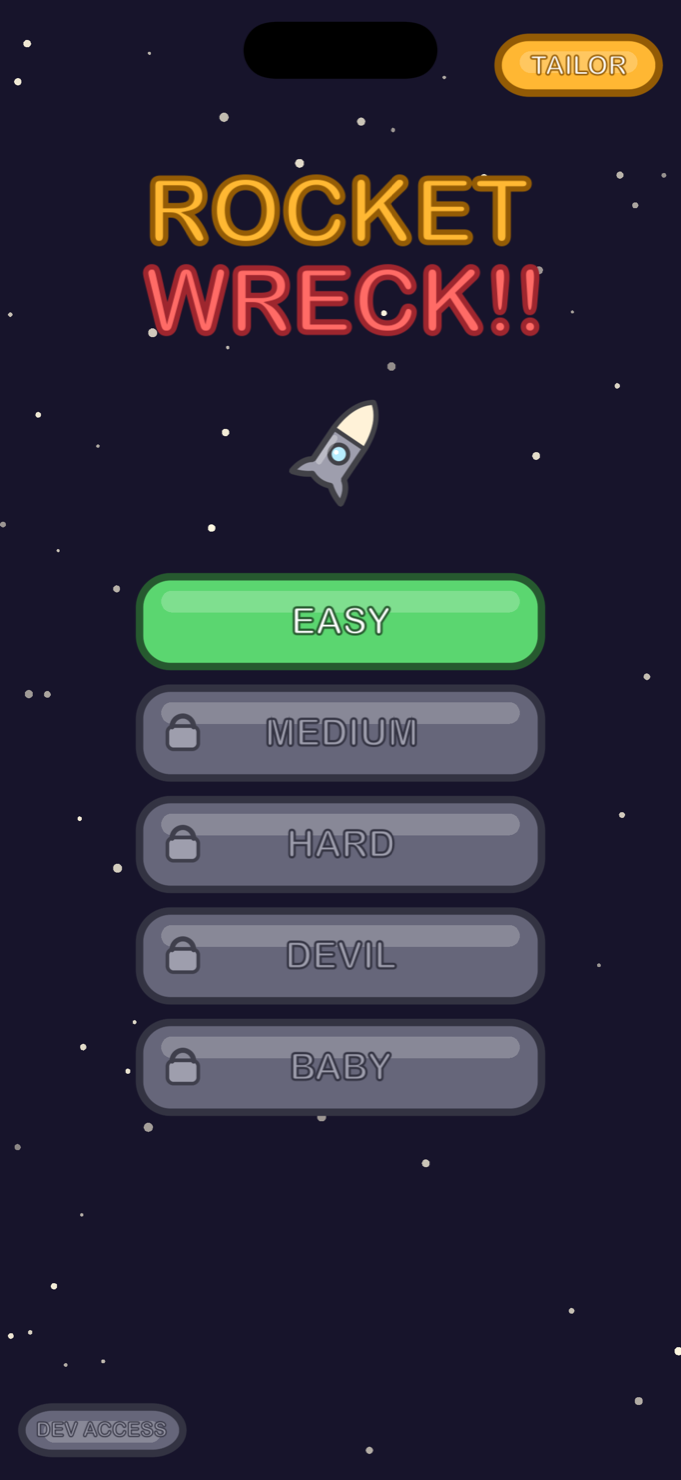 Rocket Wreck home screen with difficulty tiers from Easy to Devil